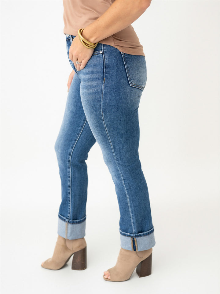 High Rise Ankle Straight Cuffed Jeans