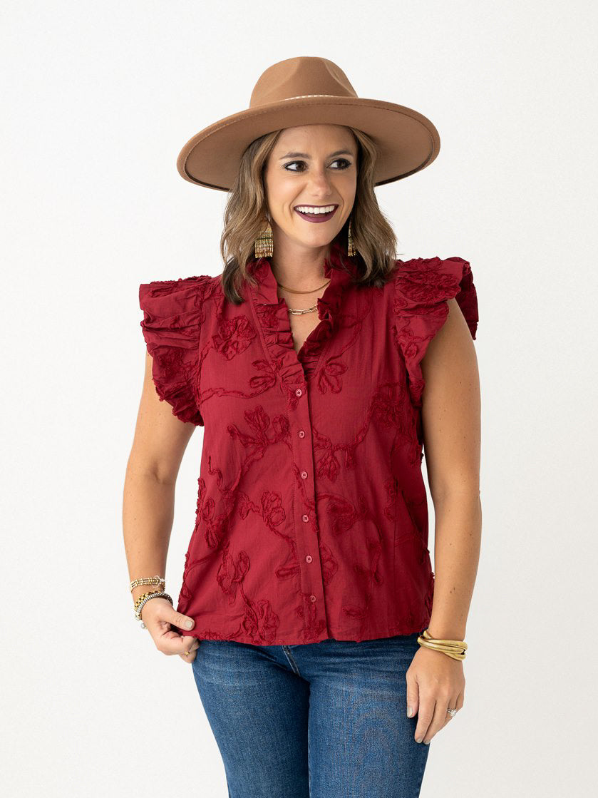 Embroidered Flower Gathered Capsleeve