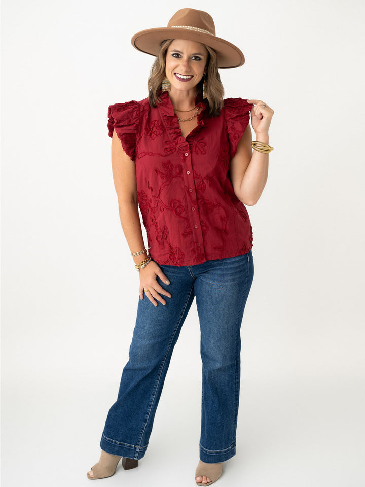 Embroidered Flower Gathered Capsleeve
