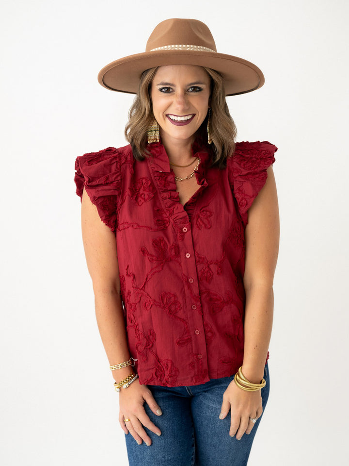 Embroidered Flower Gathered Capsleeve