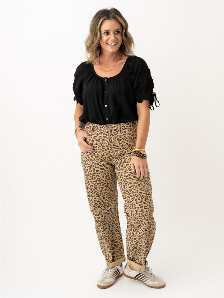 Risen High Rise Crop Barrel Leopard Cuffed Jeans