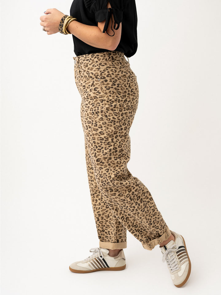 Risen High Rise Crop Barrel Leopard Cuffed Jeans