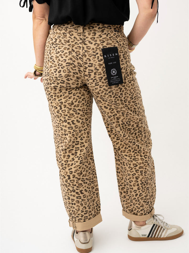 Risen High Rise Crop Barrel Leopard Cuffed Jeans