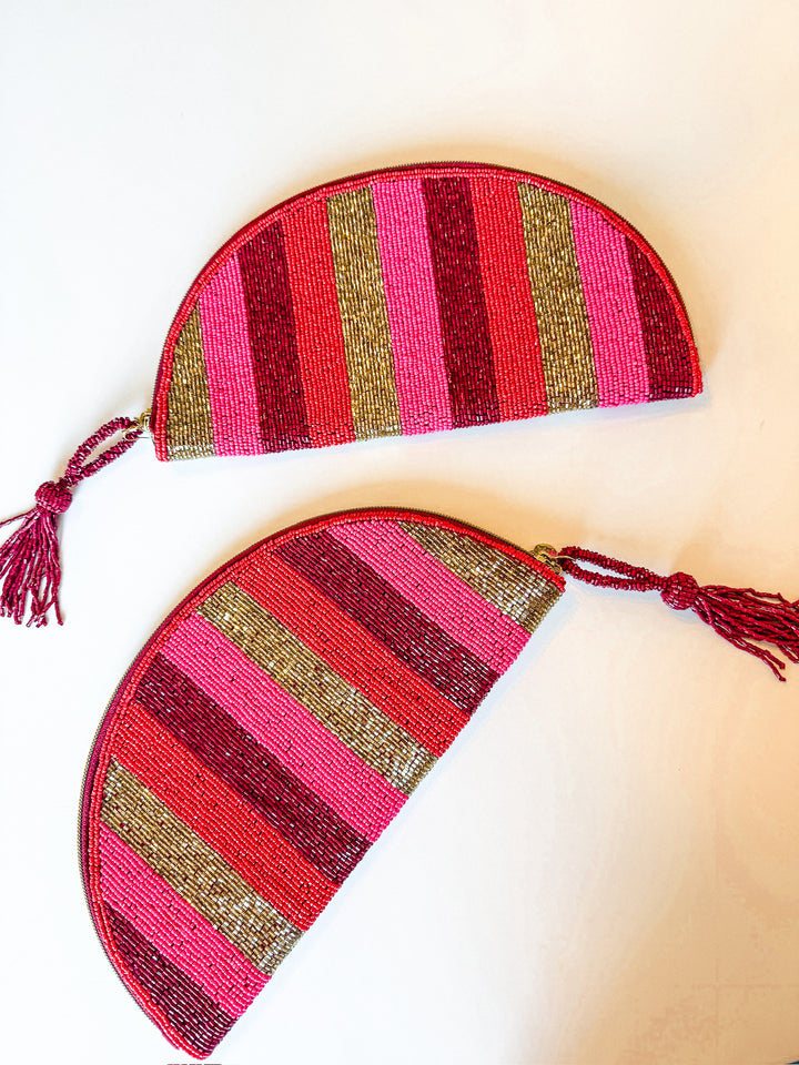 Leslie Vertical Stripe Beaded Half Circle Bag
