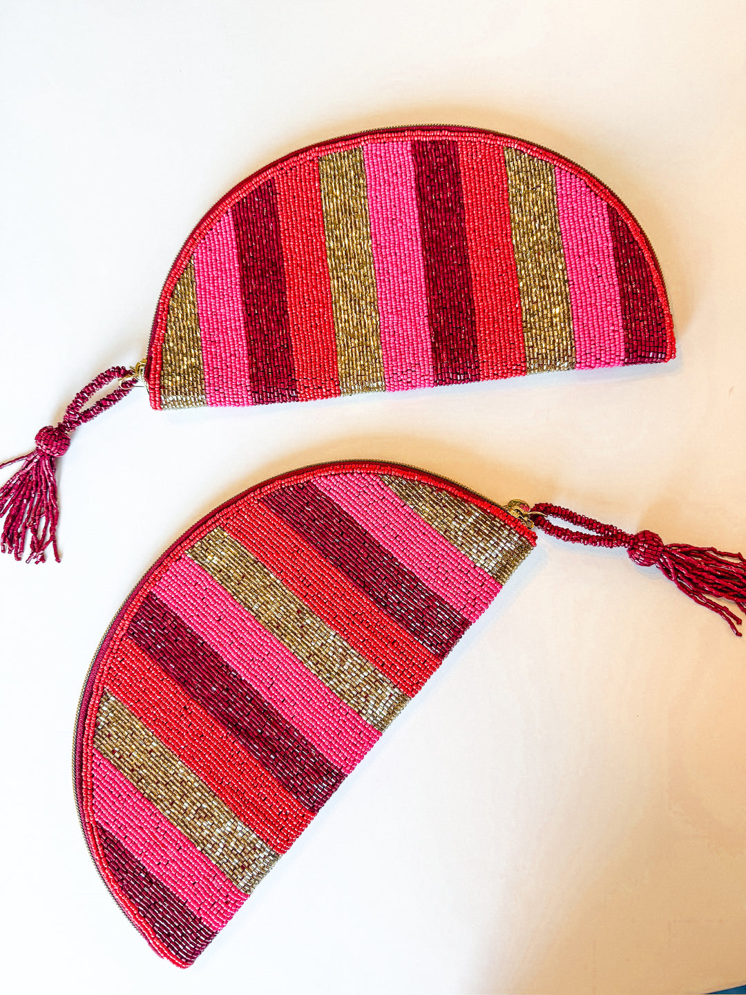 Leslie Vertical Stripe Beaded Half Circle Bag