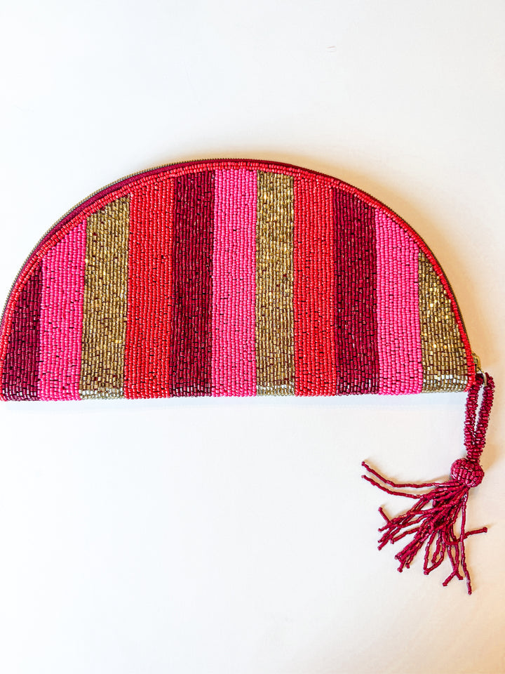 Leslie Vertical Stripe Beaded Half Circle Bag