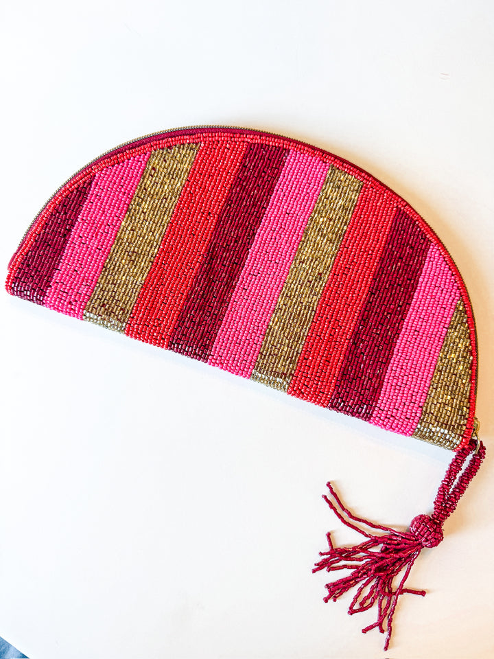 Leslie Vertical Stripe Beaded Half Circle Bag