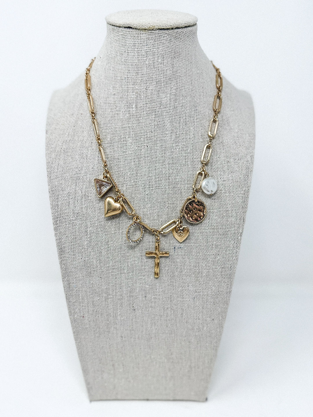 Muted Gold Cross, Heart & Bling Necklace