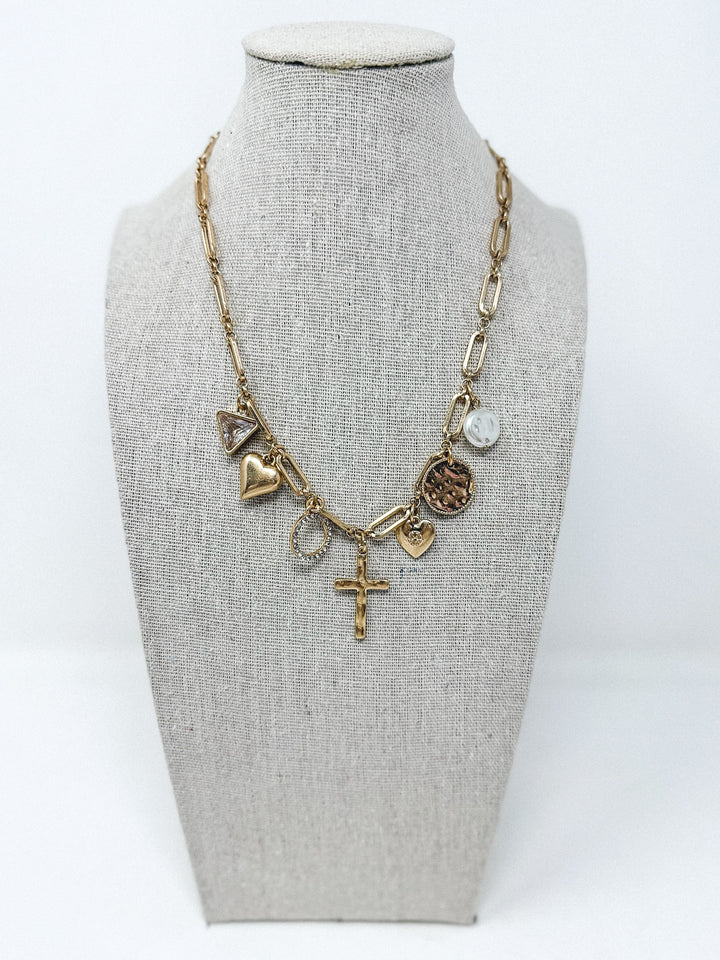 Muted Gold Cross, Heart & Bling Necklace