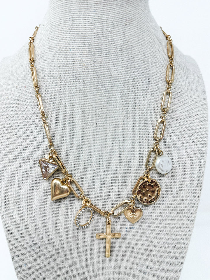 Muted Gold Cross, Heart & Bling Necklace