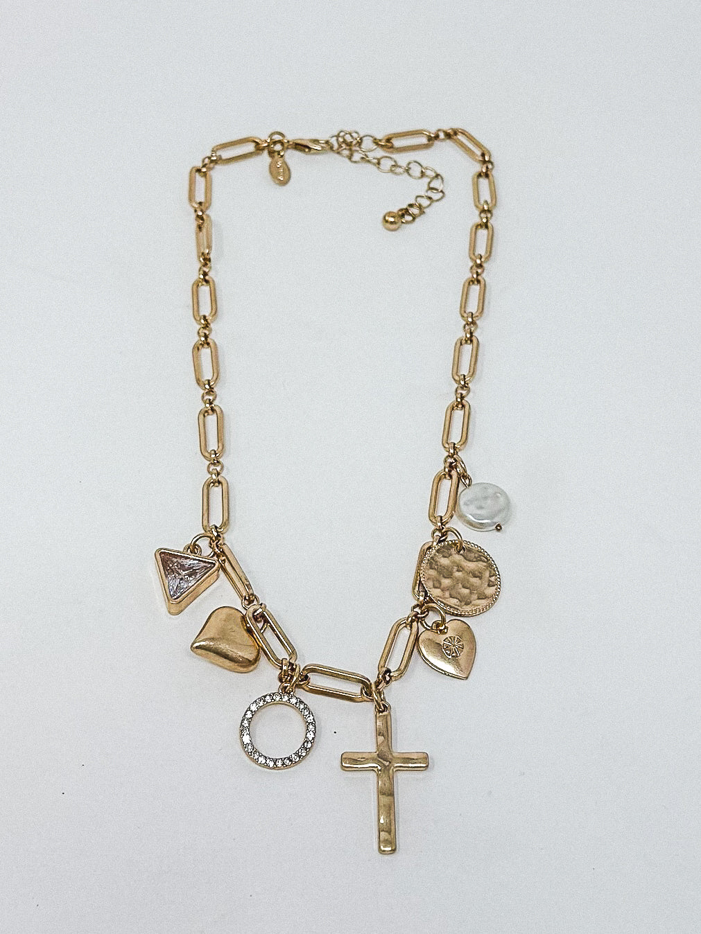 Muted Gold Cross, Heart & Bling Necklace