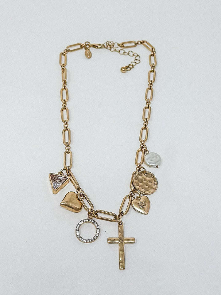 Muted Gold Cross, Heart & Bling Necklace