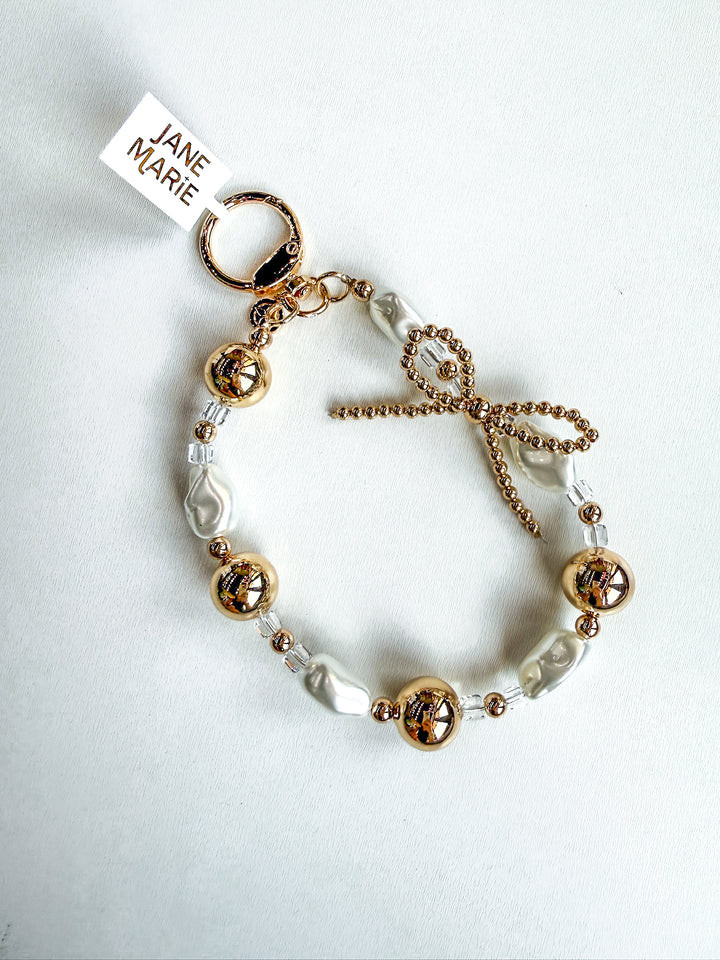 Gold, Clear & Pearl Beaded Loop Keychain with Gold Bow