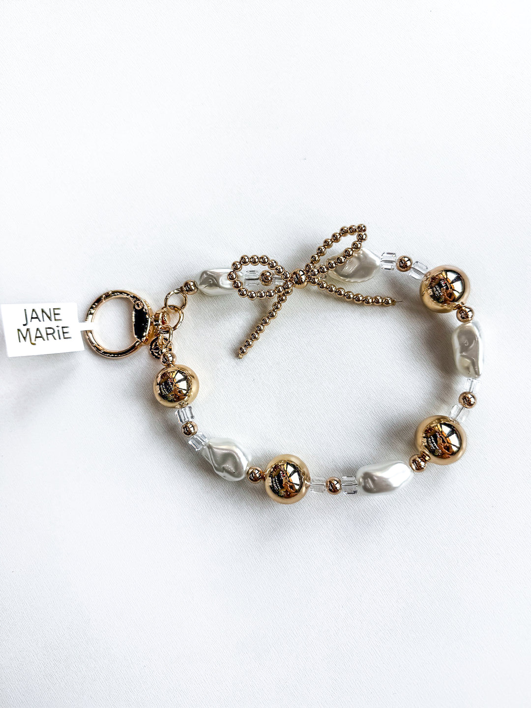 Gold, Clear & Pearl Beaded Loop Keychain with Gold Bow