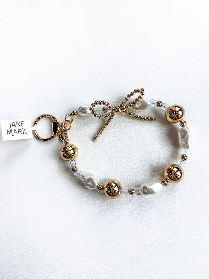 Gold, Clear & Pearl Beaded Loop Keychain with Gold Bow