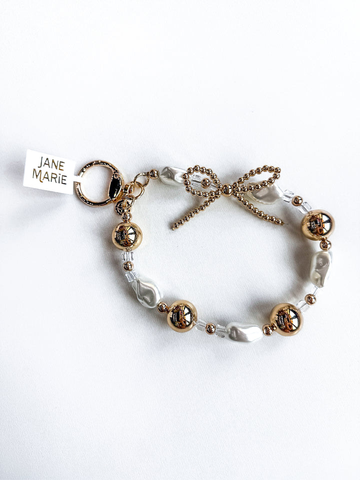Gold, Clear & Pearl Beaded Loop Keychain with Gold Bow