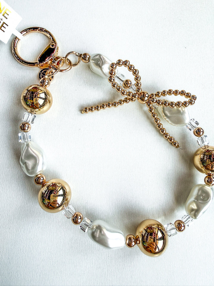 Gold, Clear & Pearl Beaded Loop Keychain with Gold Bow