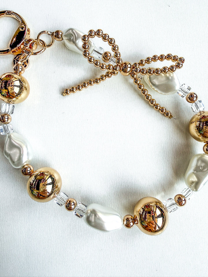 Gold, Clear & Pearl Beaded Loop Keychain with Gold Bow