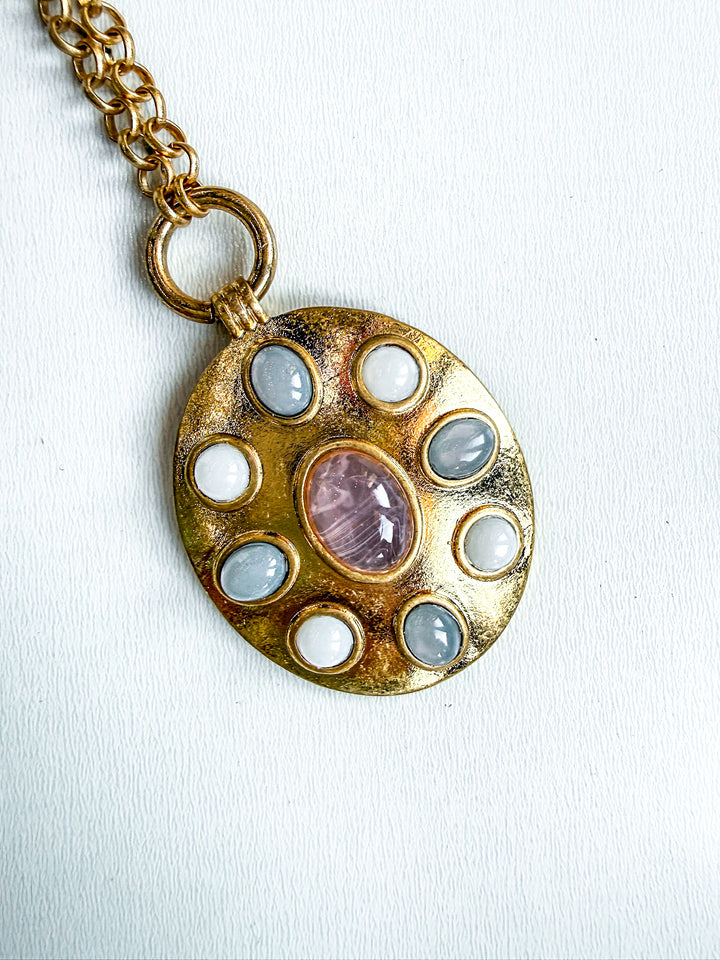 Long Chain Necklace with Muted Embellished Oval