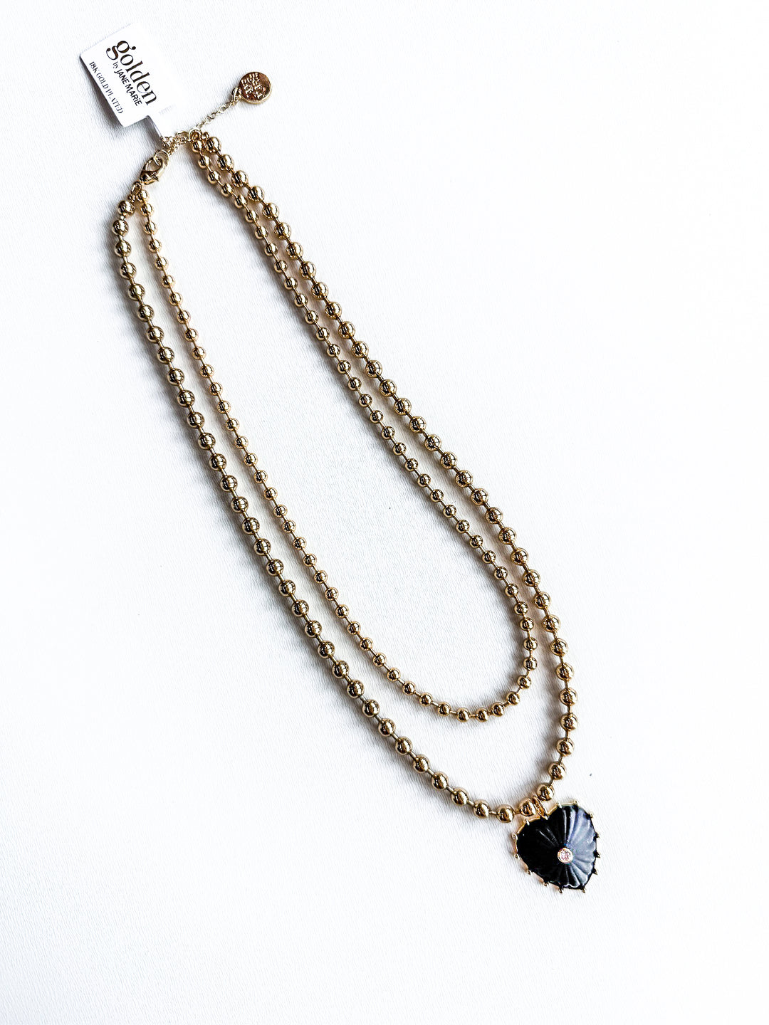 18K Gold Plated Layered Ball Bead Necklace with Black Heart