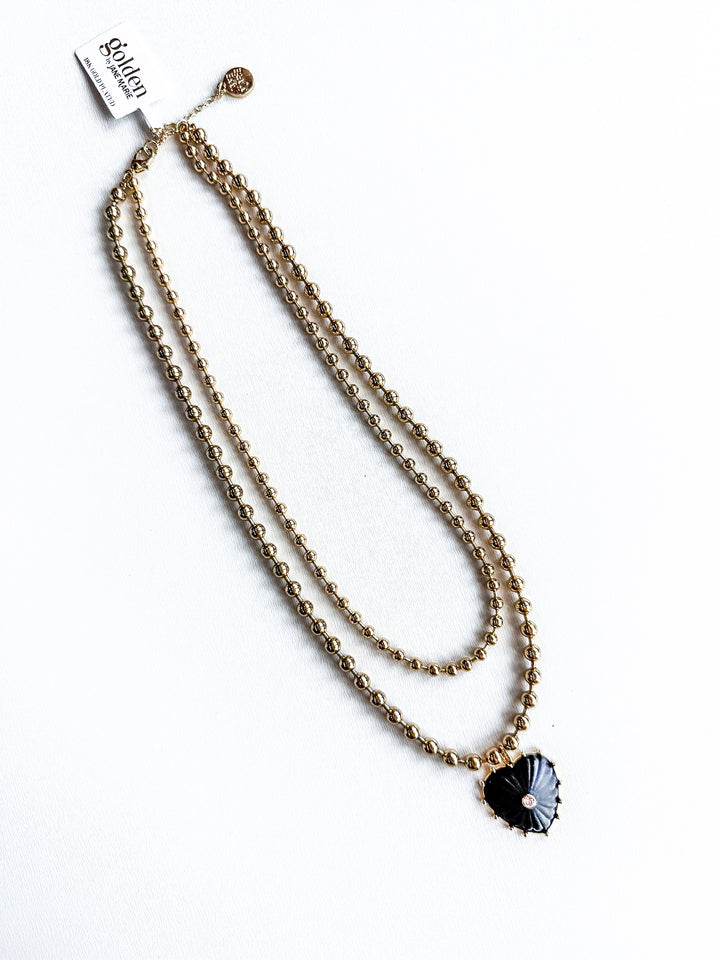 18K Gold Plated Layered Ball Bead Necklace with Black Heart