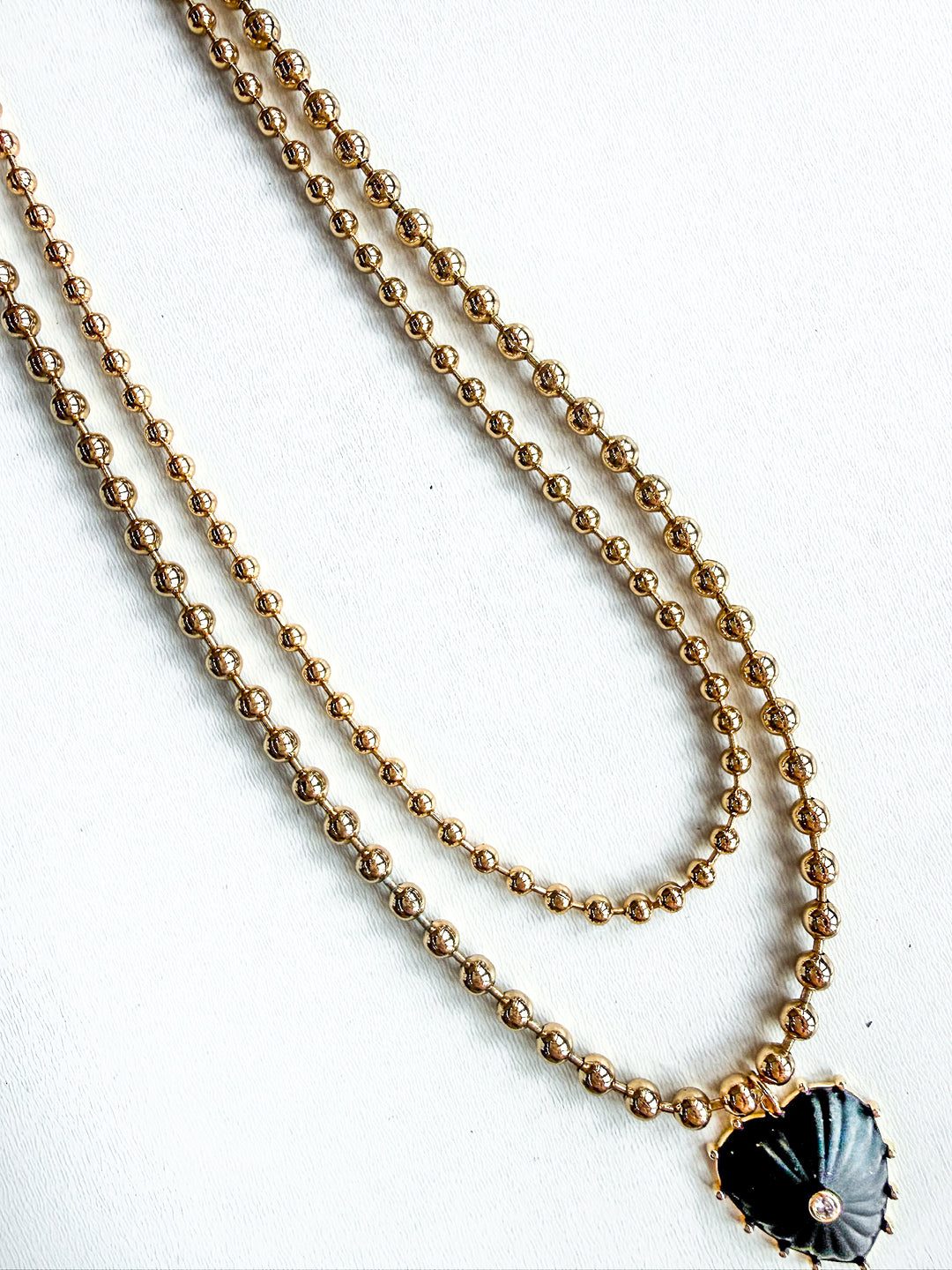 18K Gold Plated Layered Ball Bead Necklace with Black Heart