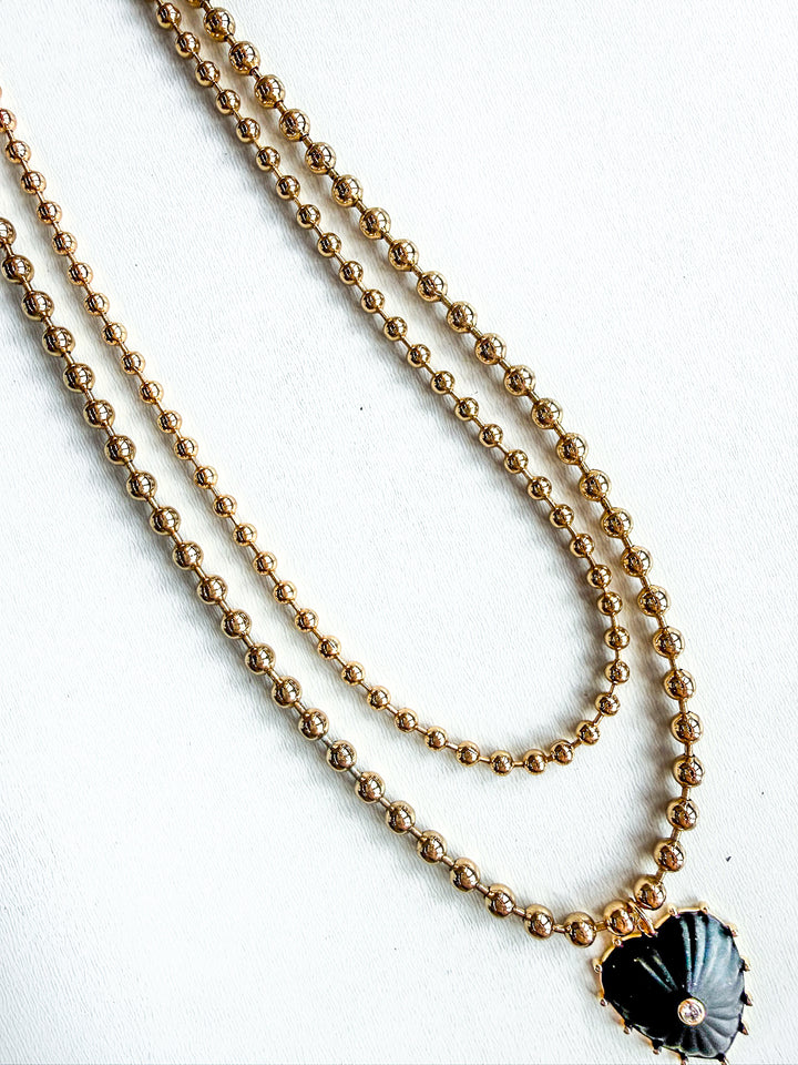 18K Gold Plated Layered Ball Bead Necklace with Black Heart
