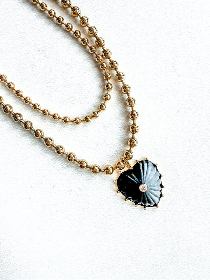 18K Gold Plated Layered Ball Bead Necklace with Black Heart