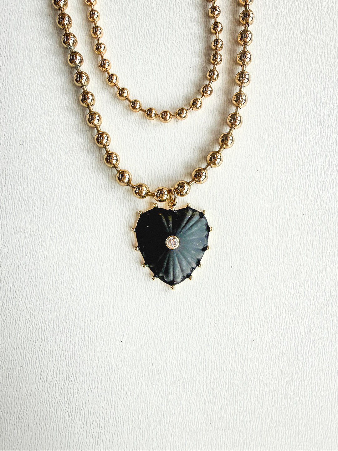 18K Gold Plated Layered Ball Bead Necklace with Black Heart