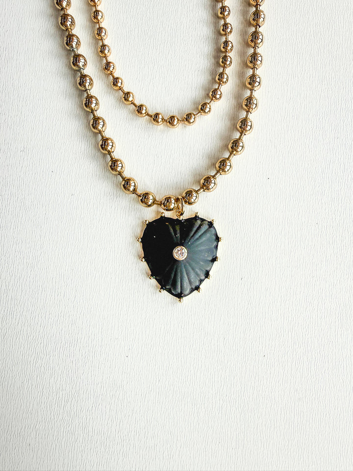 18K Gold Plated Layered Ball Bead Necklace with Black Heart