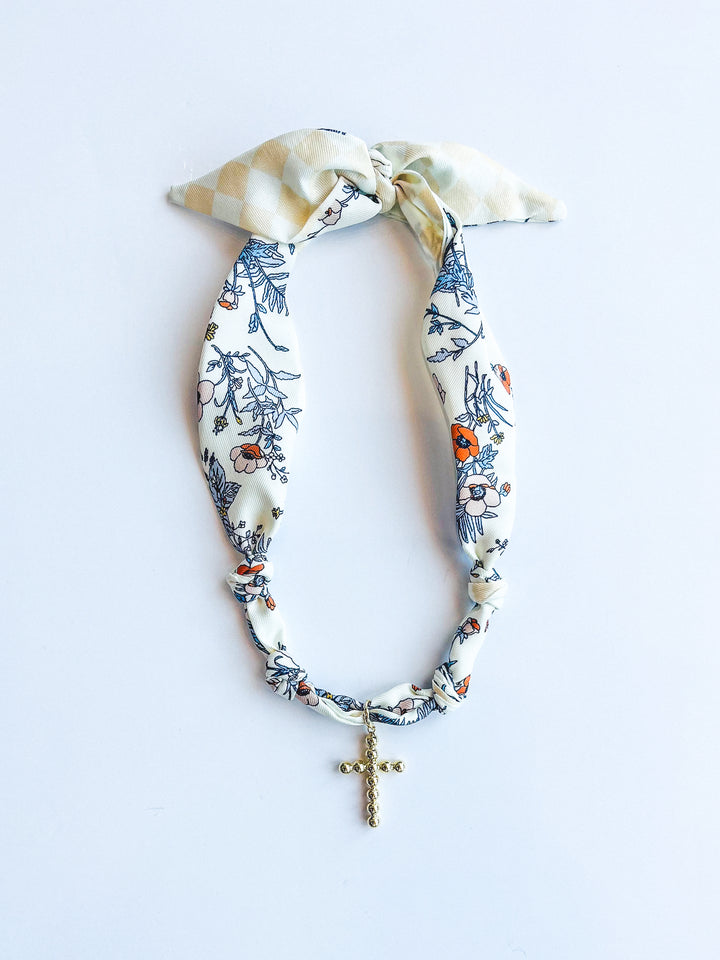 Navy Floral Knotted Cross Scarf Necklace