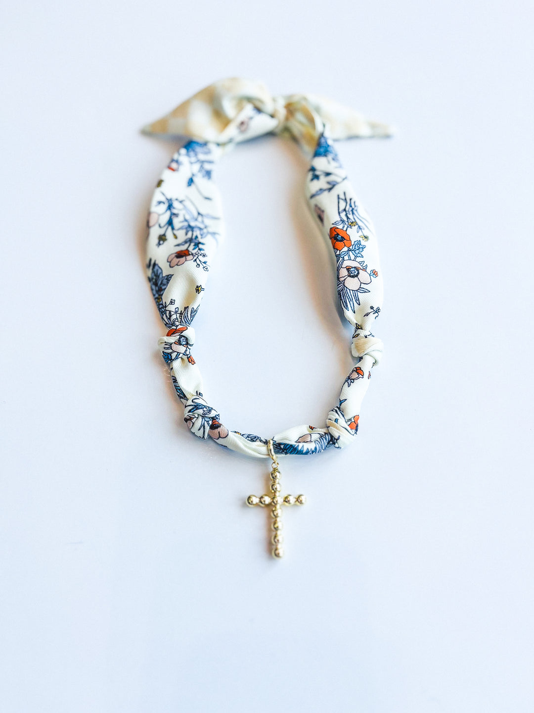 Navy Floral Knotted Cross Scarf Necklace