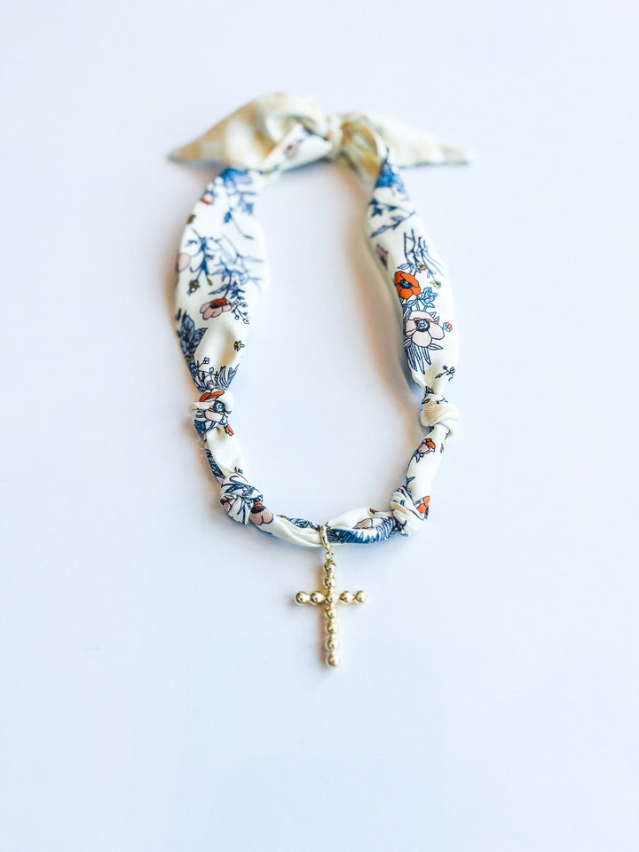 Navy Floral Knotted Cross Scarf Necklace