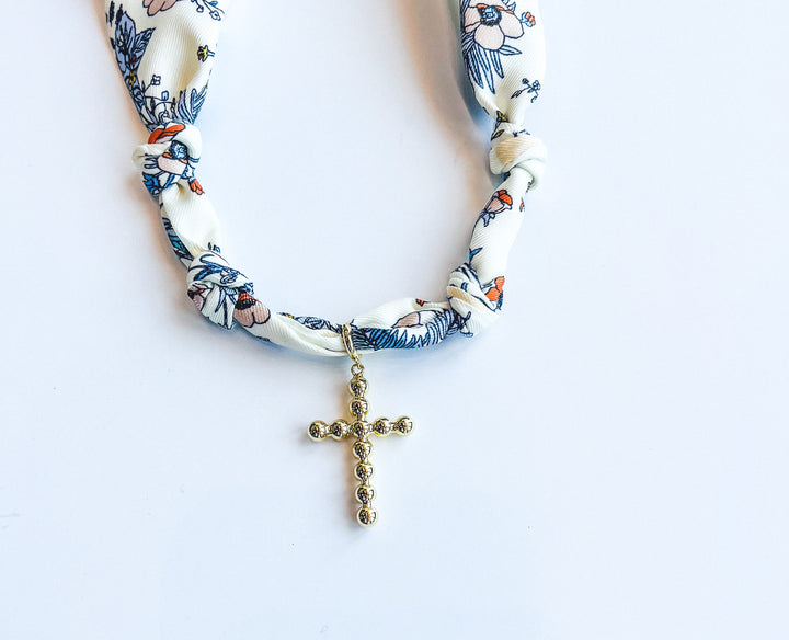 Navy Floral Knotted Cross Scarf Necklace