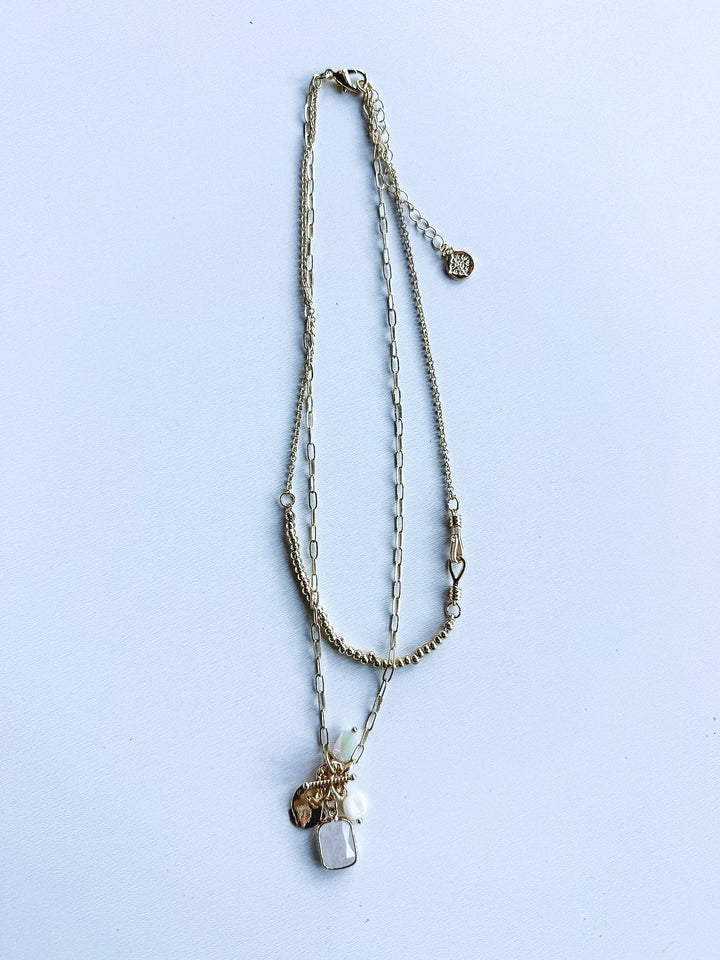 Gold 2 Layer Necklace with Clear, Natural Charm Accents