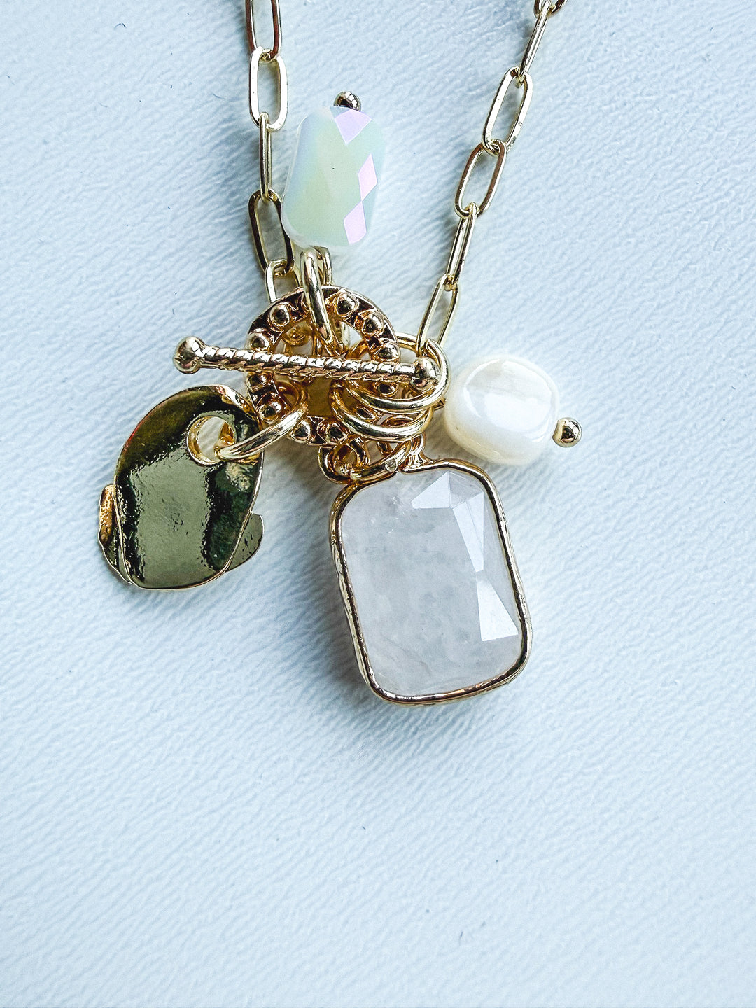 Gold 2 Layer Necklace with Clear, Natural Charm Accents