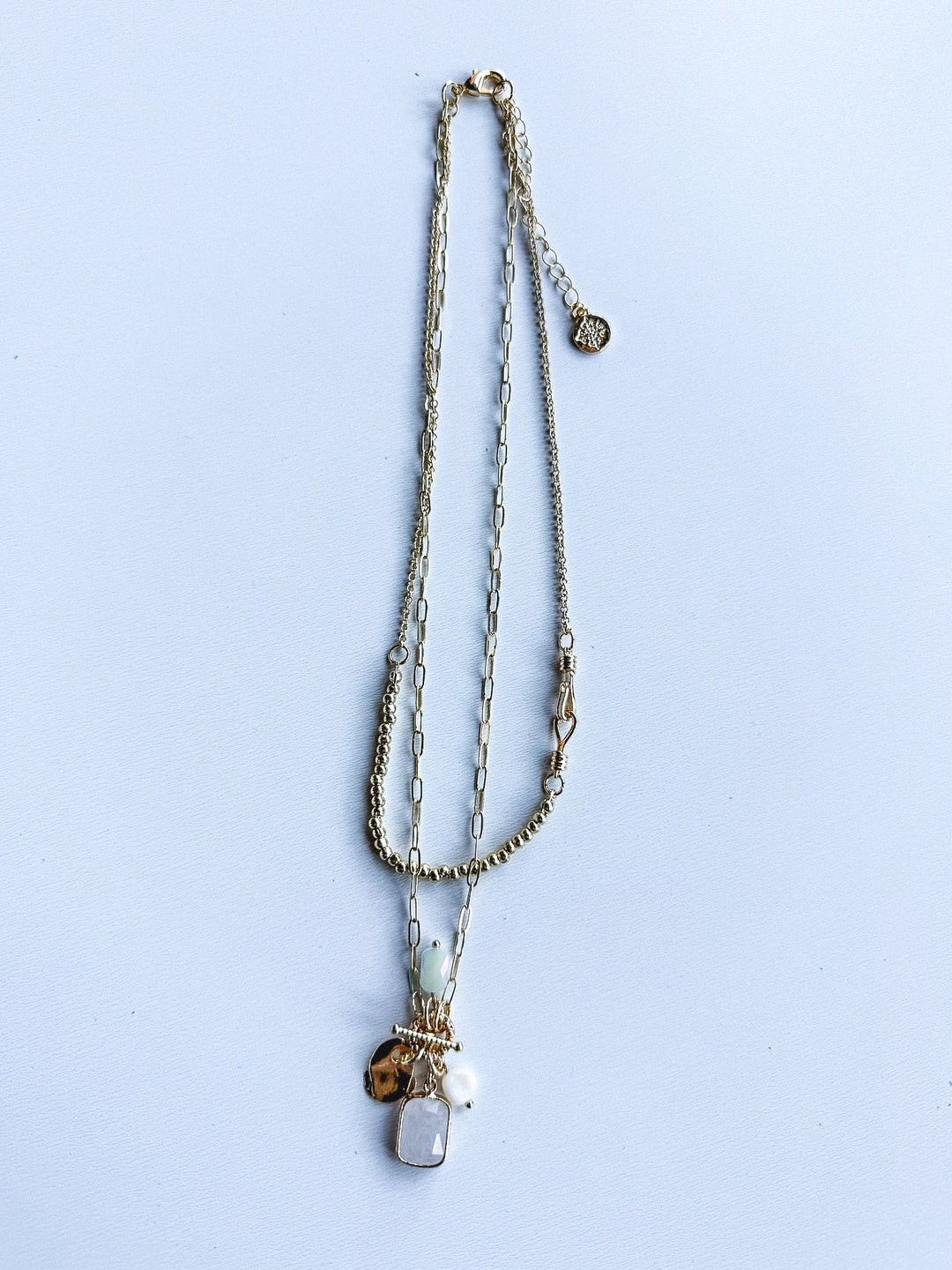 Gold 2 Layer Necklace with Clear, Natural Charm Accents