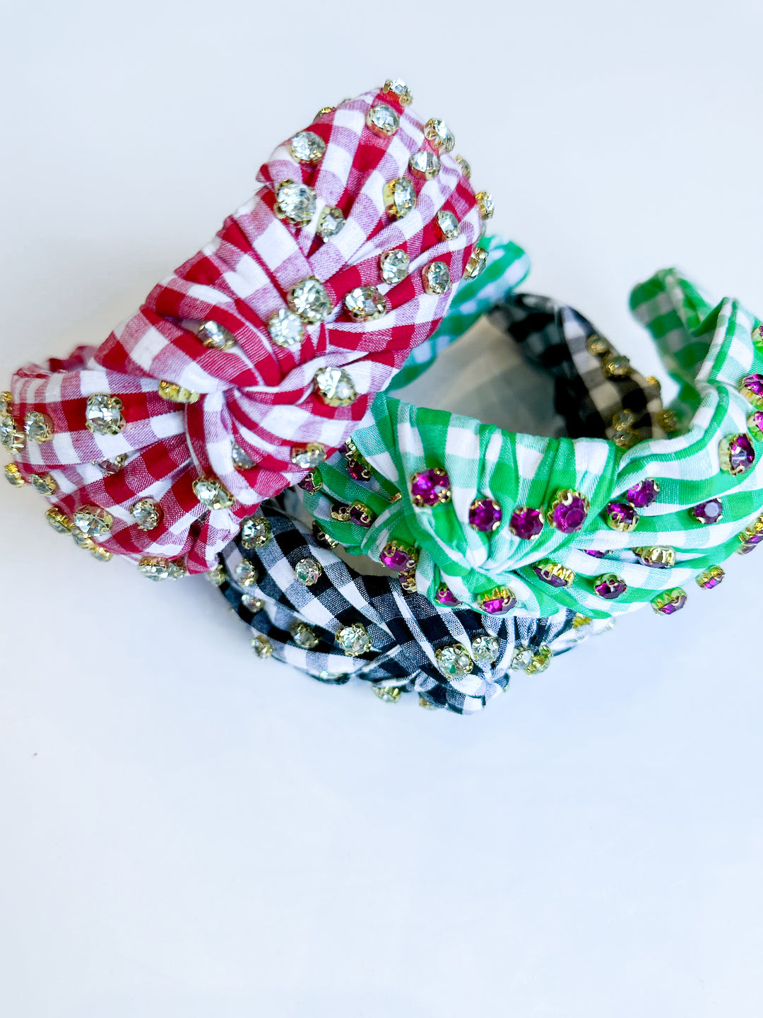 Gingham Knotted Headband with Rhinestones