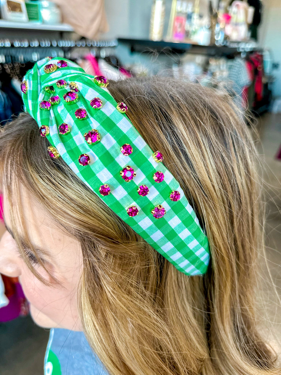 Gingham Knotted Headband with Rhinestones