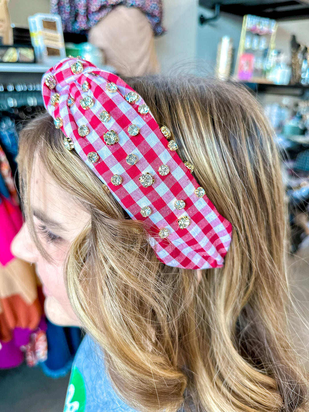 Gingham Knotted Headband with Rhinestones