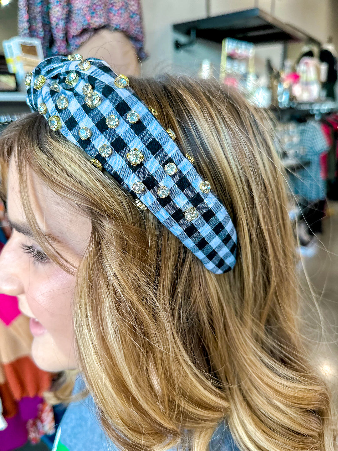 Gingham Knotted Headband with Rhinestones
