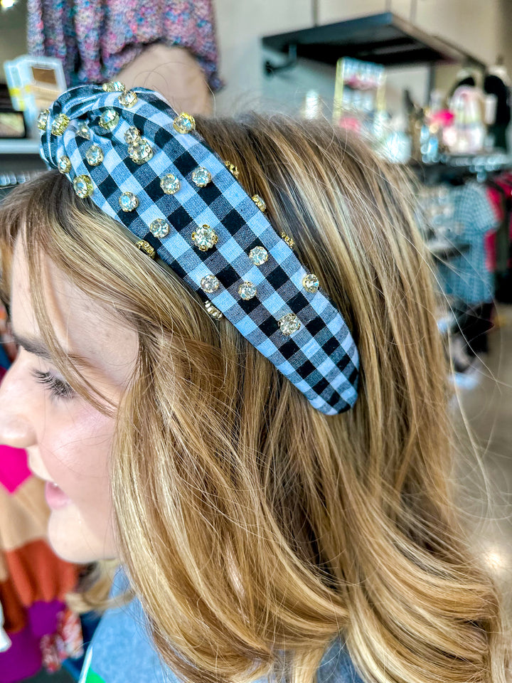 Gingham Knotted Headband with Rhinestones