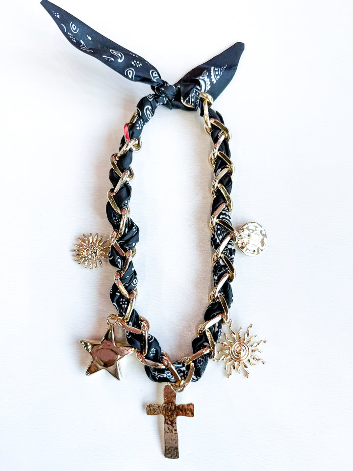 Scarf Necklace with Cross, Star, Moon