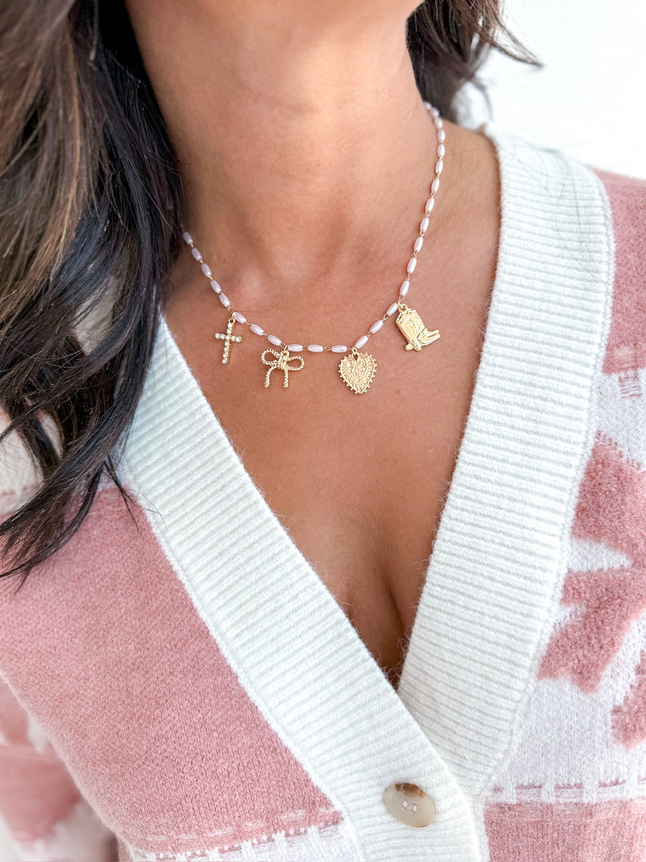 Boot, Bow & Heart Rice Pearl Charm Necklace