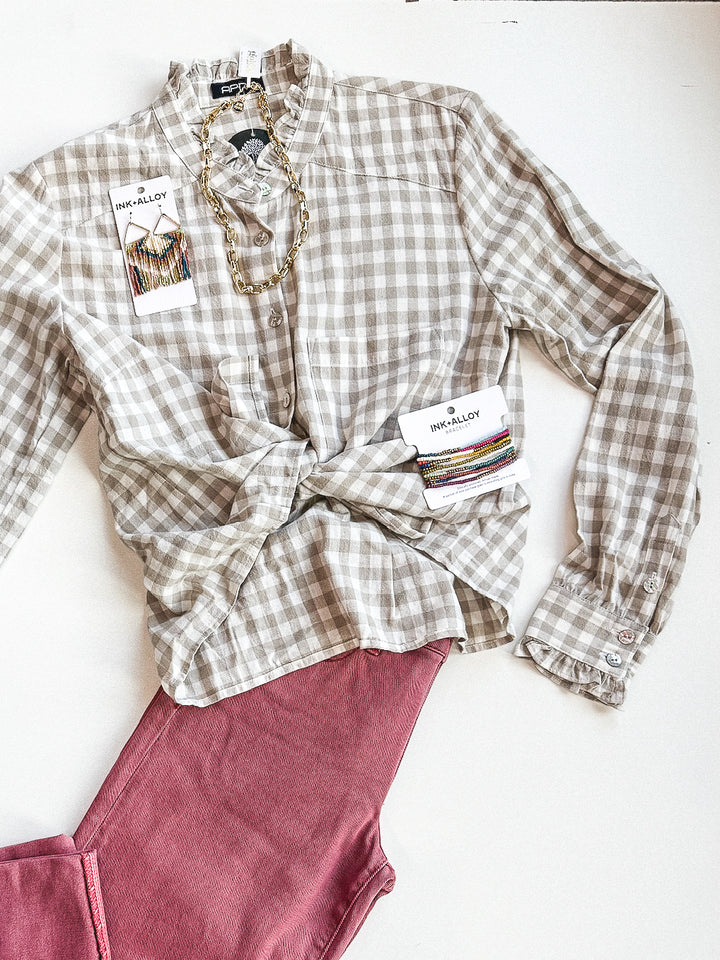 FINAL SALE - Get it with Gingham Button Front Blouse