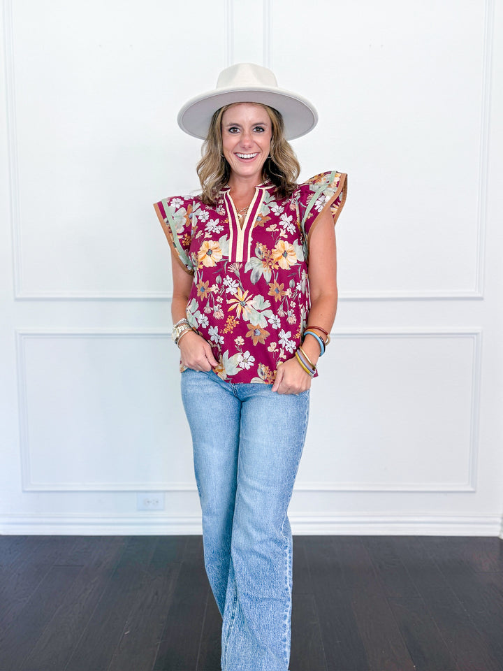 Petals & Pines V Neck Blouse