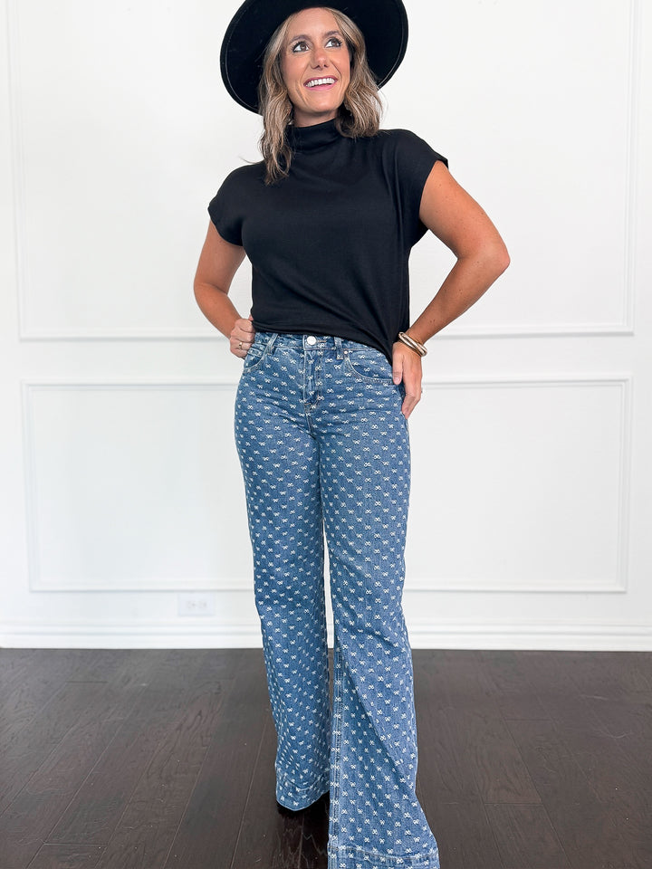 Risen High Rise Wide Leg Bow Embroidered Jeans