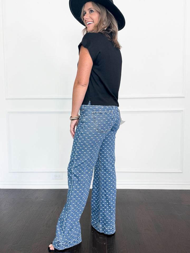 Risen High Rise Wide Leg Bow Embroidered Jeans