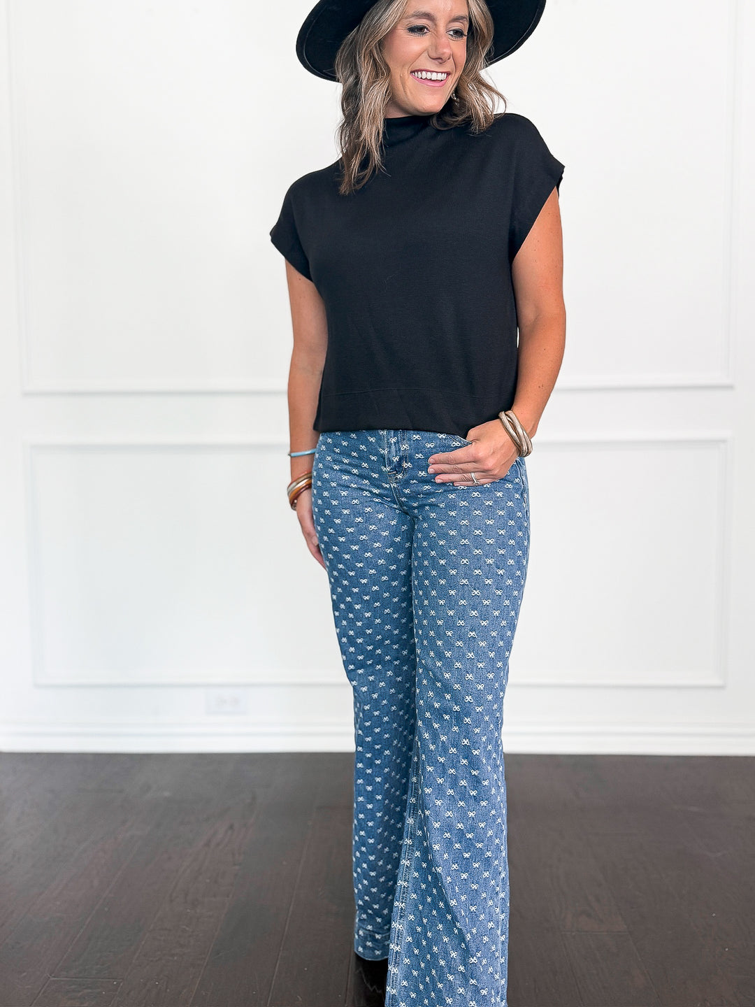 Risen High Rise Wide Leg Bow Embroidered Jeans