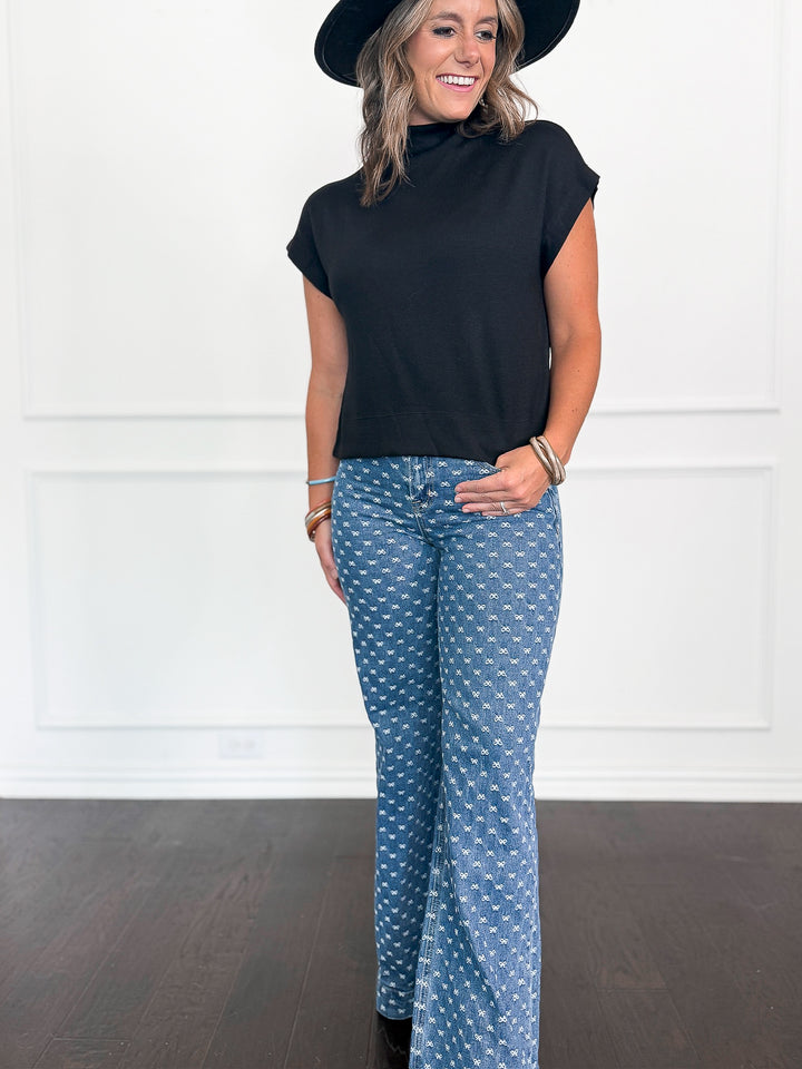 Risen High Rise Wide Leg Bow Embroidered Jeans